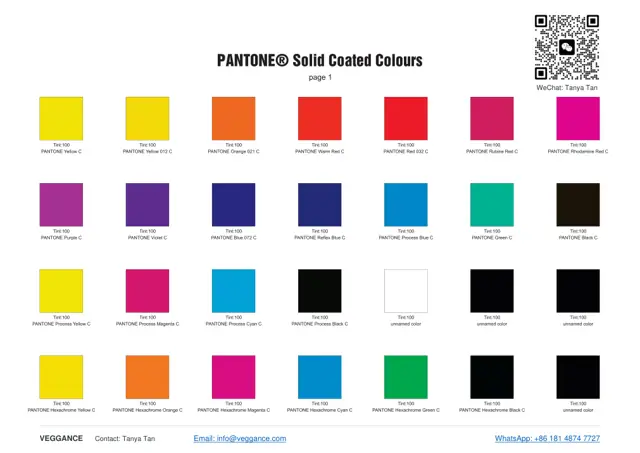 Veggance color reference PDF with Tanya Tan contact details, email, WhatsApp and WeChat QR code