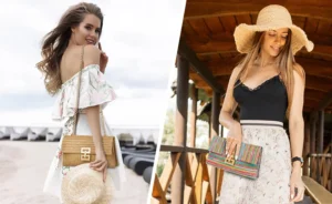Side-by-side image comparison of two women holding bags: the woman on the left at the beach carries a structured clutch bag with a gold chain, while the woman on the right in a rustic setting holds a colorful woven purse without a chain, illustrating clutch bag vs purse styling.
