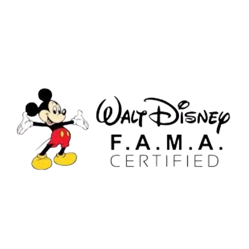 Logo showing classic Mickey Mouse with outstretched arms beside the stylized “Walt Disney” script and “F.A.M.A. Certified” text.