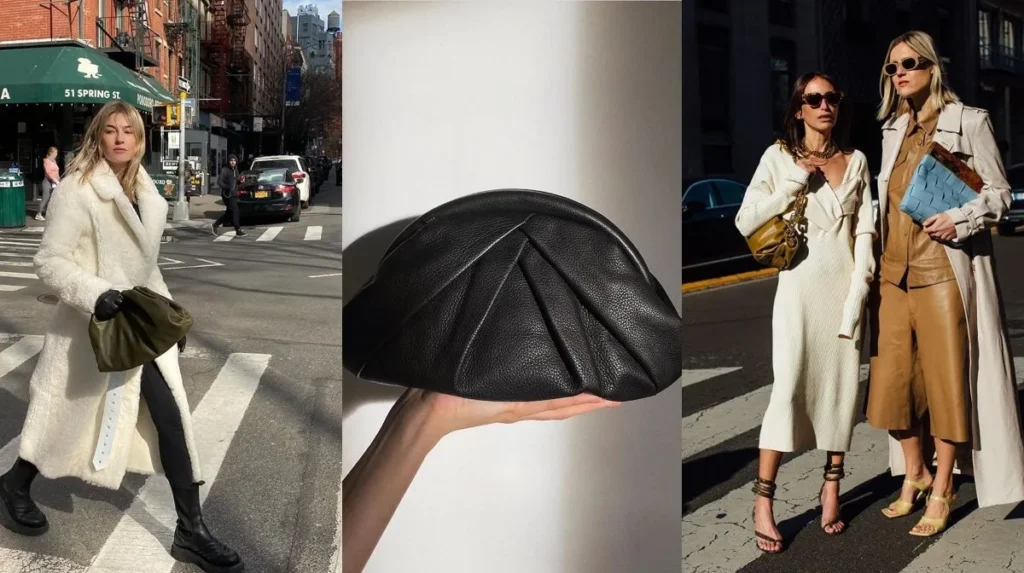 Three stylish scenes featuring women carrying clutch bags: a woman crossing a city street with an olive green clutch, a hand holding a black pleated clutch against a neutral background, and two women in fashionable outfits—one holding a gold clutch, the other a blue woven clutch.