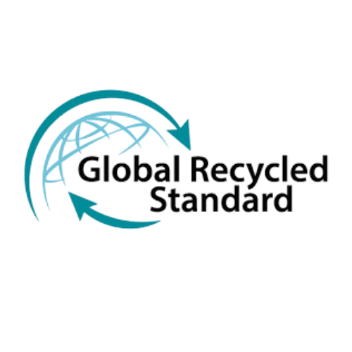 Global Recycled Standard logo featuring a stylized globe with two circular blue arrows and text beside it.