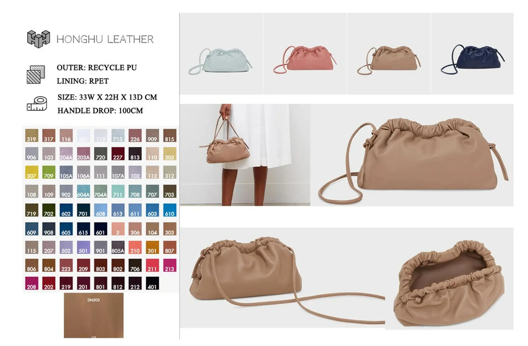 Handbag design board showing product views dimensions and color directions