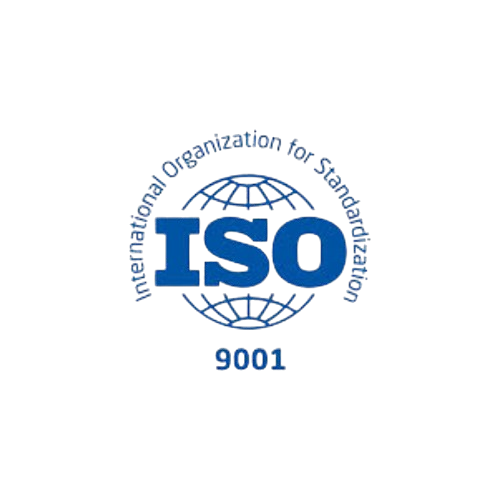 ISO 9001 certification logo in blue, featuring "ISO" over a globe with surrounding text “International Organization for Standardization”.