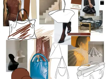 A mood board showcasing leather handbag design concepts, including sketches, fashion elements, textures, and material inspirations for high-end bag development.