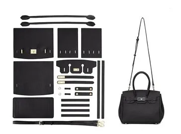 Flat layout of components for custom leather handbag sampling, shown alongside a completed black handbag for reference in personalized production.
