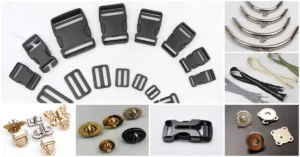 A collage showing various types of purse closures, including plastic buckles, zippers, metal twist locks, snap buttons, magnetic clasps, kiss locks, and decorative clasps, highlighting the diversity of closure options for bags and accessories.