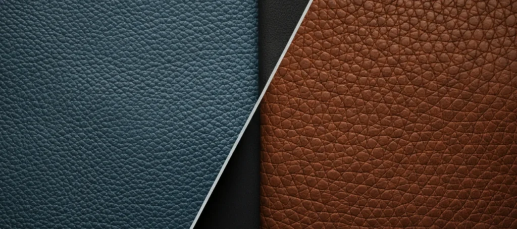 Close-up comparison of blue saffiano leather with a fine cross-hatch texture and brown pebbled leather with a raised grain surface, showcasing the visual and tactile differences between saffiano vs pebbled leather.