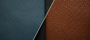 Close-up comparison of blue saffiano leather with a fine cross-hatch texture and brown pebbled leather with a raised grain surface, showcasing the visual and tactile differences between saffiano vs pebbled leather.