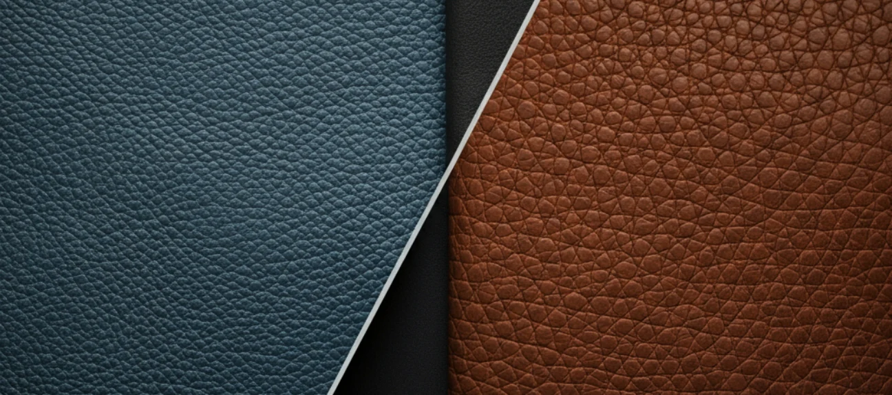 Close-up comparison of blue saffiano leather with a fine cross-hatch texture and brown pebbled leather with a raised grain surface, showcasing the visual and tactile differences between saffiano vs pebbled leather.