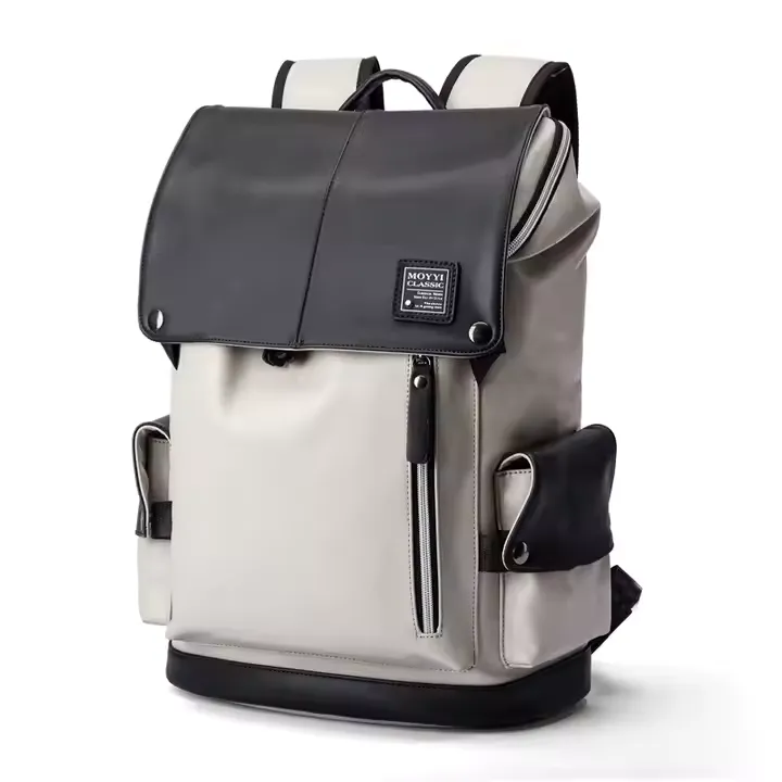 A modern custom laptop bag designed as a backpack in a dual-tone beige and black color scheme. It features a top flap closure, multiple pockets, and a structured form, perfect for carrying laptops and daily essentials.
