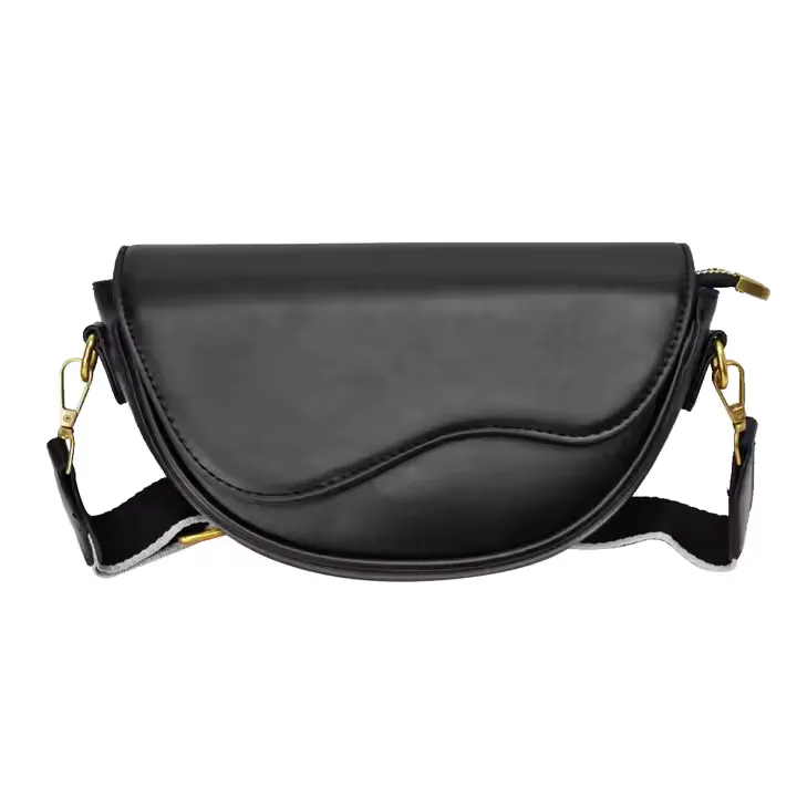 A stylish black custom satchel bag with a curved flap design and gold hardware. The smooth leather finish and structured silhouette give it a modern, sophisticated look, perfect for everyday wear or formal outings.