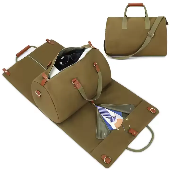 A multifunctional custom weekender bag in olive green canvas with leather accents, featuring a garment compartment that folds out flat and a spacious central section for travel essentials. Includes dual handles and a shoulder strap.