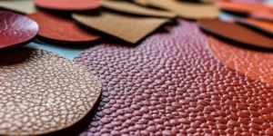 Close-up of pebbled leather swatches in various shapes and shades of brown and red, showcasing the textured grain surface typical of pebbled leather used in premium handbags and accessories.