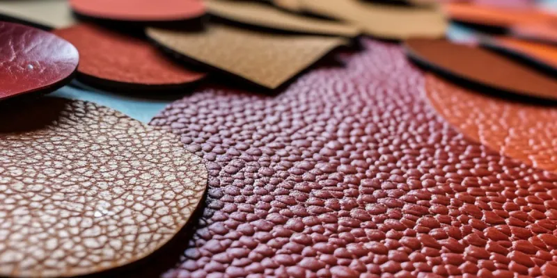Close-up of pebbled leather swatches in various shapes and shades of brown and red, showcasing the textured grain surface typical of pebbled leather used in premium handbags and accessories.