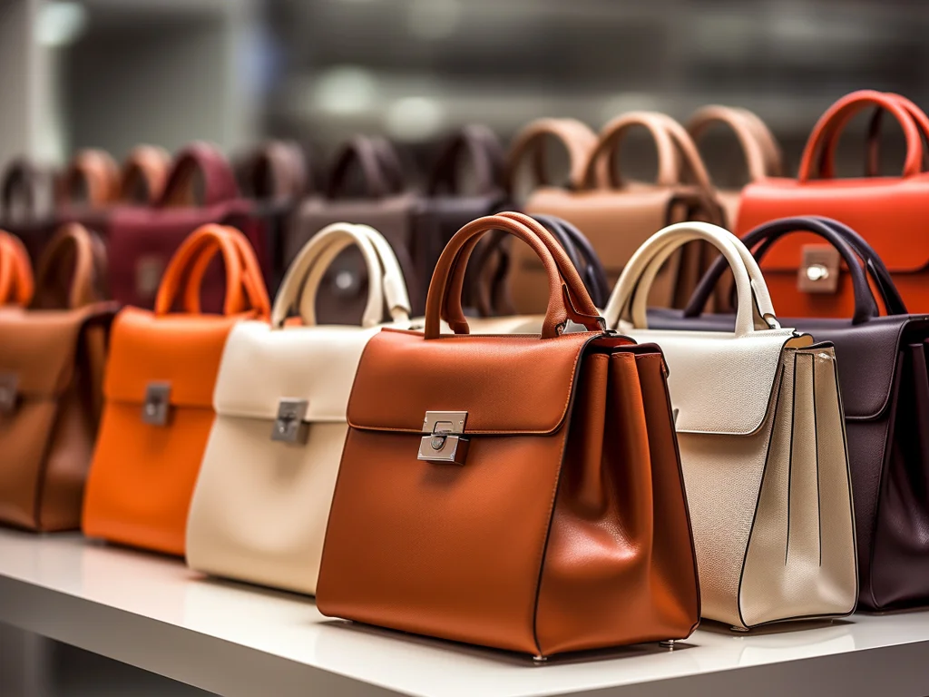 A row of stylish women's handbags made from PU leather, in various colors including brown, orange, off-white, and dark purple, displayed on a white shelf in a store, illustrating "What is a PU Leather Bag: An Expert Guide Tell you Everything.