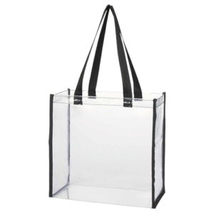 A clear PVC tote bag with black fabric handles and black trim on the edges, standing upright against a white background, perfectly illustrating "What Is a PVC Tote Bag? A Comprehensive Guide" with its transparent, waterproof material.