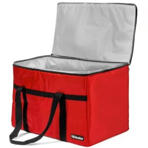 A large, open red insulated delivery bag with a silver reflective lining visible inside. It has black carrying straps.