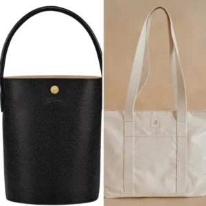 A split image visually illustrating the comparison of Bucket bag vs. tote bag. On the left, a structured black textured leather bucket bag with a single top handle is shown. On the right, a casual beige canvas tote bag with double shoulder straps and a front pocket is displayed. The image highlights the key differences in shape, material, and structure between these two popular styles.