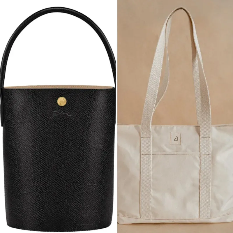A split image visually illustrating the comparison of Bucket bag vs. tote bag. On the left, a structured black textured leather bucket bag with a single top handle is shown. On the right, a casual beige canvas tote bag with double shoulder straps and a front pocket is displayed. The image highlights the key differences in shape, material, and structure between these two popular styles.