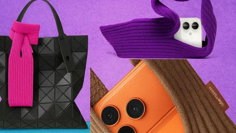 A stylish collage demonstrating three different uses and colors for knit phone slings. The top-left panel shows a hot pink sling tied as a charm to the handle of a black geometric tote bag. The top-right panel features a purple sling holding a white smartphone, with the camera visible. The bottom panel shows a brown sling, with a "mersi lage" brand tag, holding an orange smartphone.