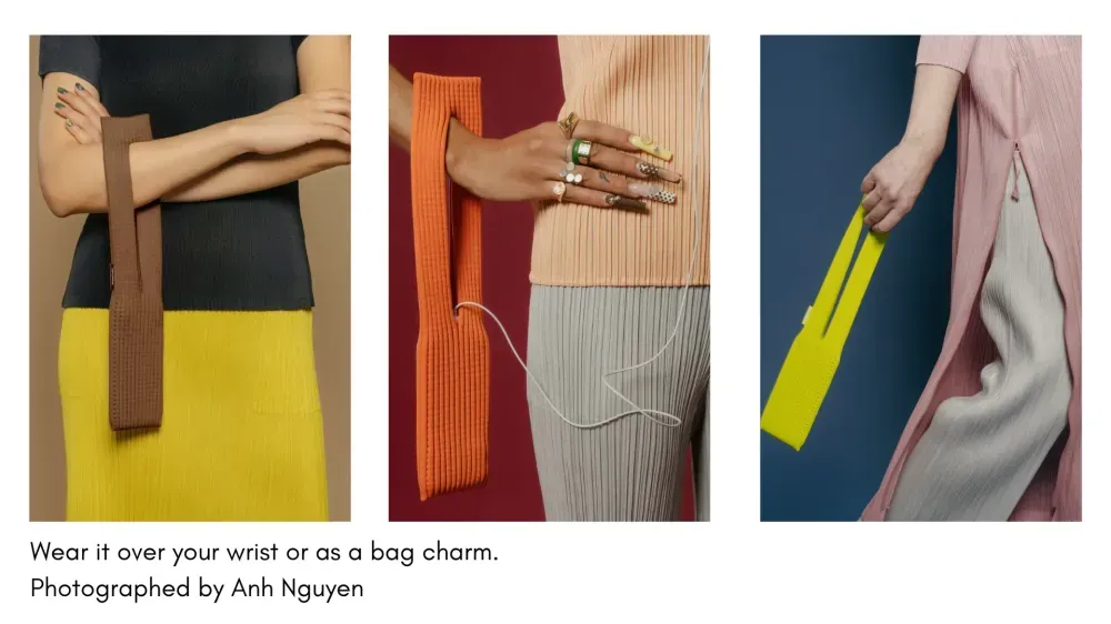 A triptych of editorial-style photos showing different ways to carry the knit phone sling. On the left, a person wears a brown sling on their wrist. In the center, a hand with decorative nails holds an orange sling. On the right, a person holds a neon-yellow sling as a charm.