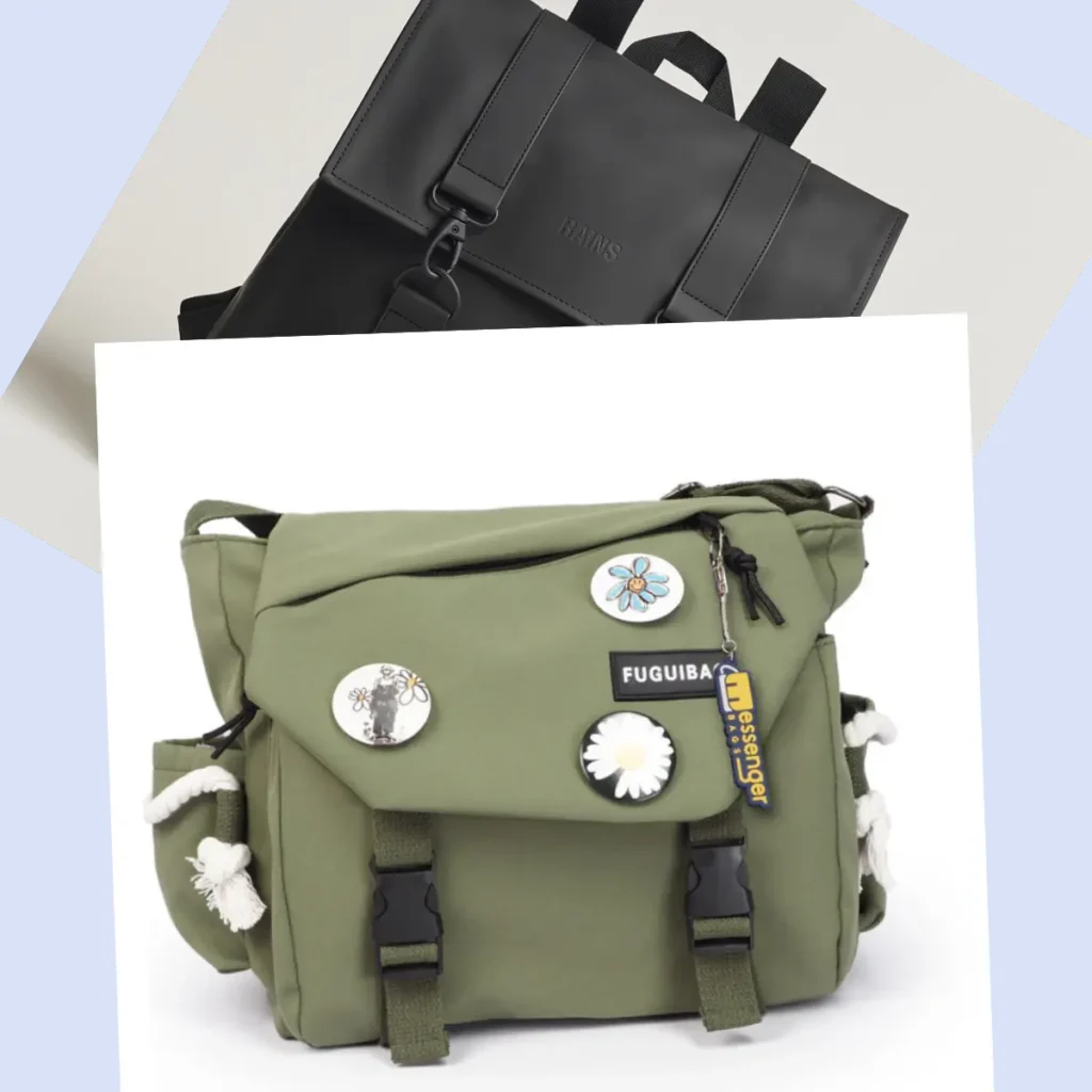 A collage image comparing two distinct bag styles. At the top, a sleek, minimalist black waterproof backpack with a central hook closure is shown. At the bottom, a casual olive green canvas messenger bag is displayed, personalized with decorative pins, patches, and buckle straps. The image contrasts the sleek, functional aesthetic of the backpack with the relaxed, youthful look of the messenger bag.