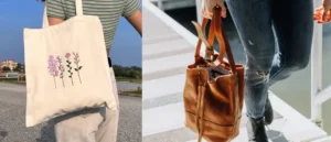 A side-by-side fashion comparison of a tote and bucket bag. The left side features a casual, eco-friendly canvas tote with floral embroidery, perfect for daily errands. The right side showcases a stylish brown leather bucket bag with a drawstring closure, offering a more structured and sophisticated look.