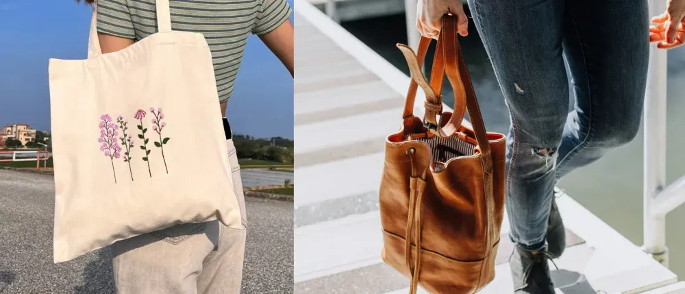 A side-by-side fashion comparison of a tote and bucket bag. The left side features a casual, eco-friendly canvas tote with floral embroidery, perfect for daily errands. The right side showcases a stylish brown leather bucket bag with a drawstring closure, offering a more structured and sophisticated look.