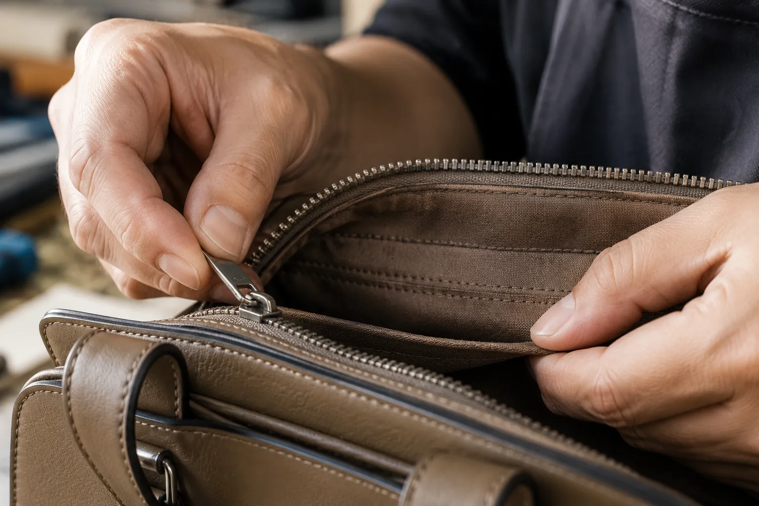 Close-up inspection of zipper lining and construction details on a vegan leather bag