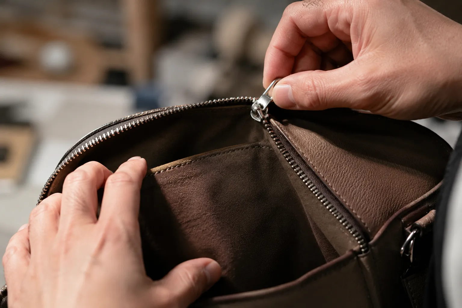 Handbag zipper lining stitching and metal hardware checked during sample approval