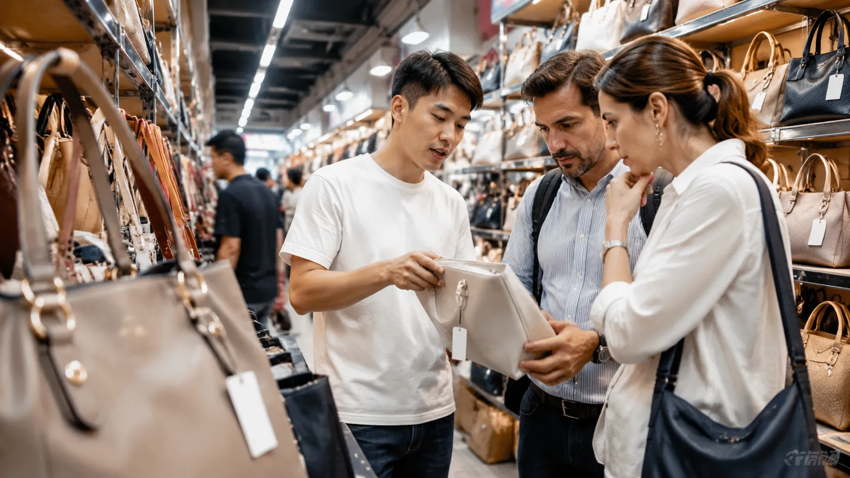 International handbag buyers reviewing product samples with a supplier representative