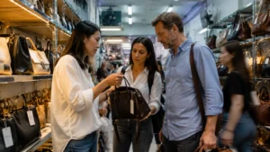 China wholesale handbag market with buyers checking handbag samples