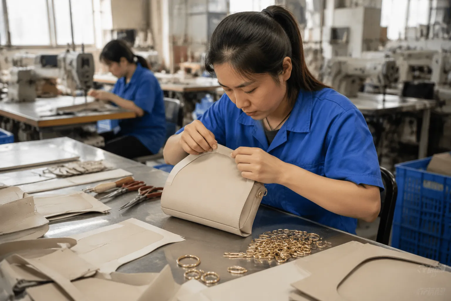 Vegan leather material and hardware selection for custom bag manufacturing