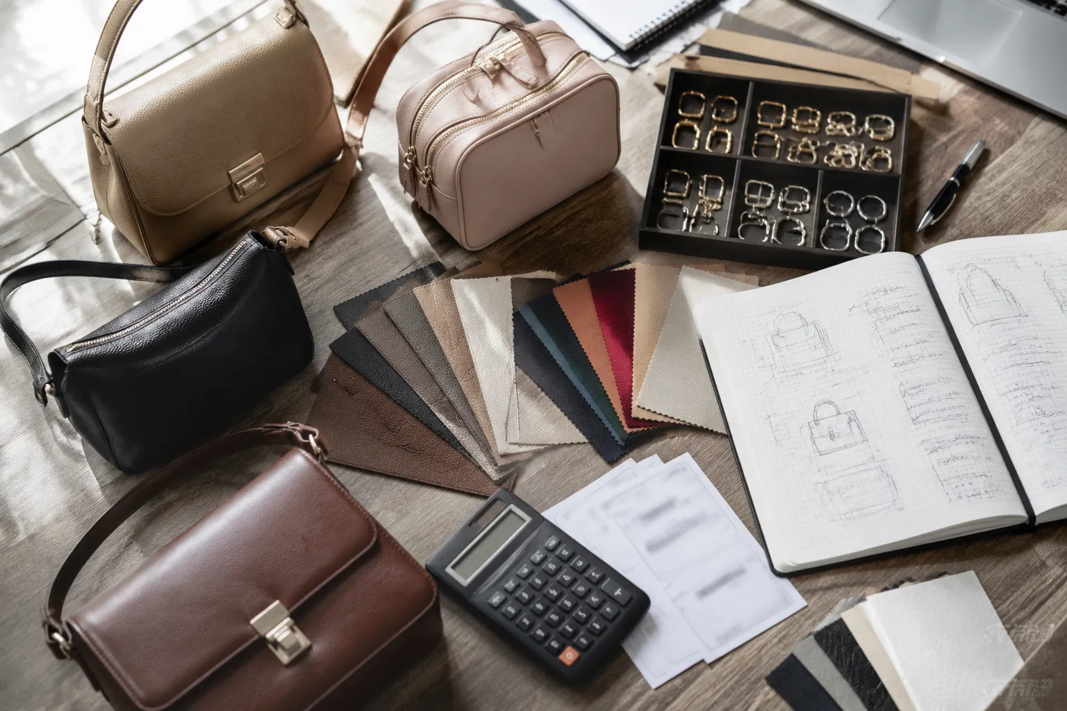 Handbag development desk with samples sketches material swatches and hardware