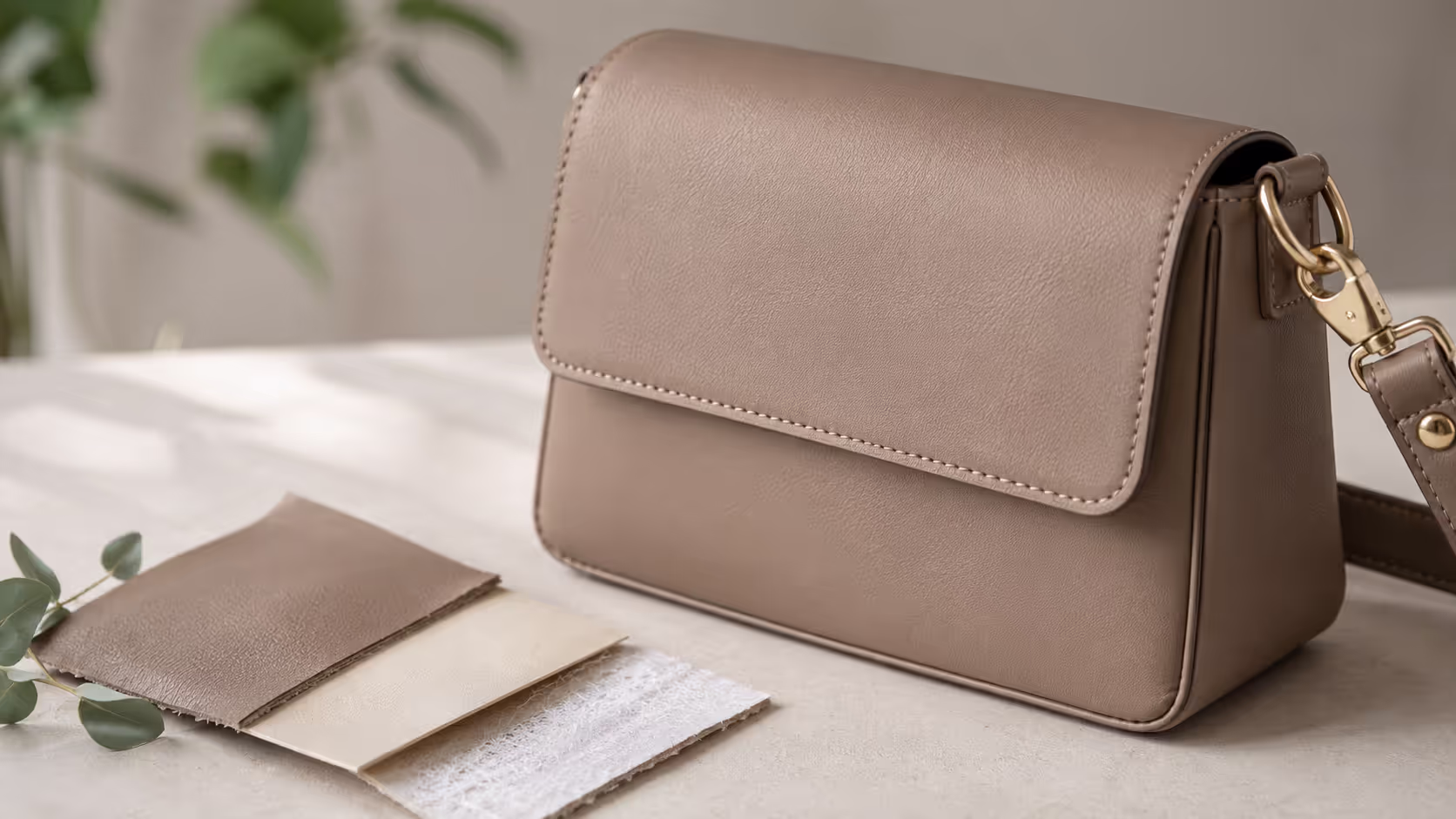 Microfiber vegan leather handbag displayed with material swatches
