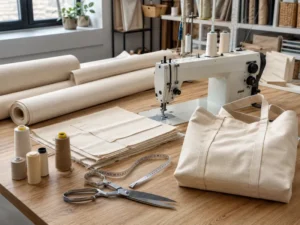 Mesa de trabajo en un taller de costura con rollos de lona de algodón natural, paneles de tela cortados, una máquina de coser industrial, carretes de hilo, cinta métrica, tijeras metálicas y un bolso tote de lona a medio terminar. La escena muestra materiales y herramientas utilizados en la fabricación de bolsos, con luz natural, fondo neutro y textura realista del tejido.