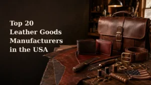 Top 20 Leather Goods Manufacturers in the USA hero image featuring American leather goods such as a briefcase, wallets, belt, leather sheets, stitching tools, brass hardware, and workshop supplies on a craftsman’s workbench.