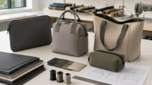 Neoprene product samples arranged on a clean factory sampling table, including a charcoal laptop sleeve, taupe lunch bag, beige soft tote, and olive storage pouch, surrounded by neoprene sheets in different thicknesses, fabric swatches, thread spools, a metal ruler, and technical bag sketches, with sewing equipment softly blurred in the background.