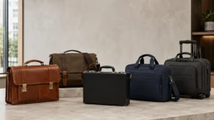 Collection of traditional leather, attaché, laptop, messenger and rolling briefcases displayed in a modern office.